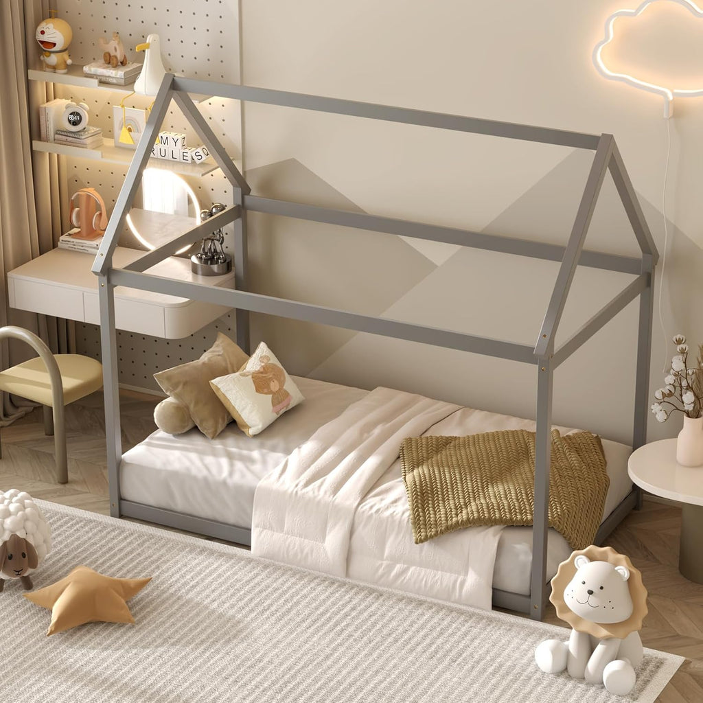 Tw Bed, Wood Montessori Bed Frame with House Roof Canopy, Low Floor Bed with Sturdy Wood Slat Support, No Box Spring