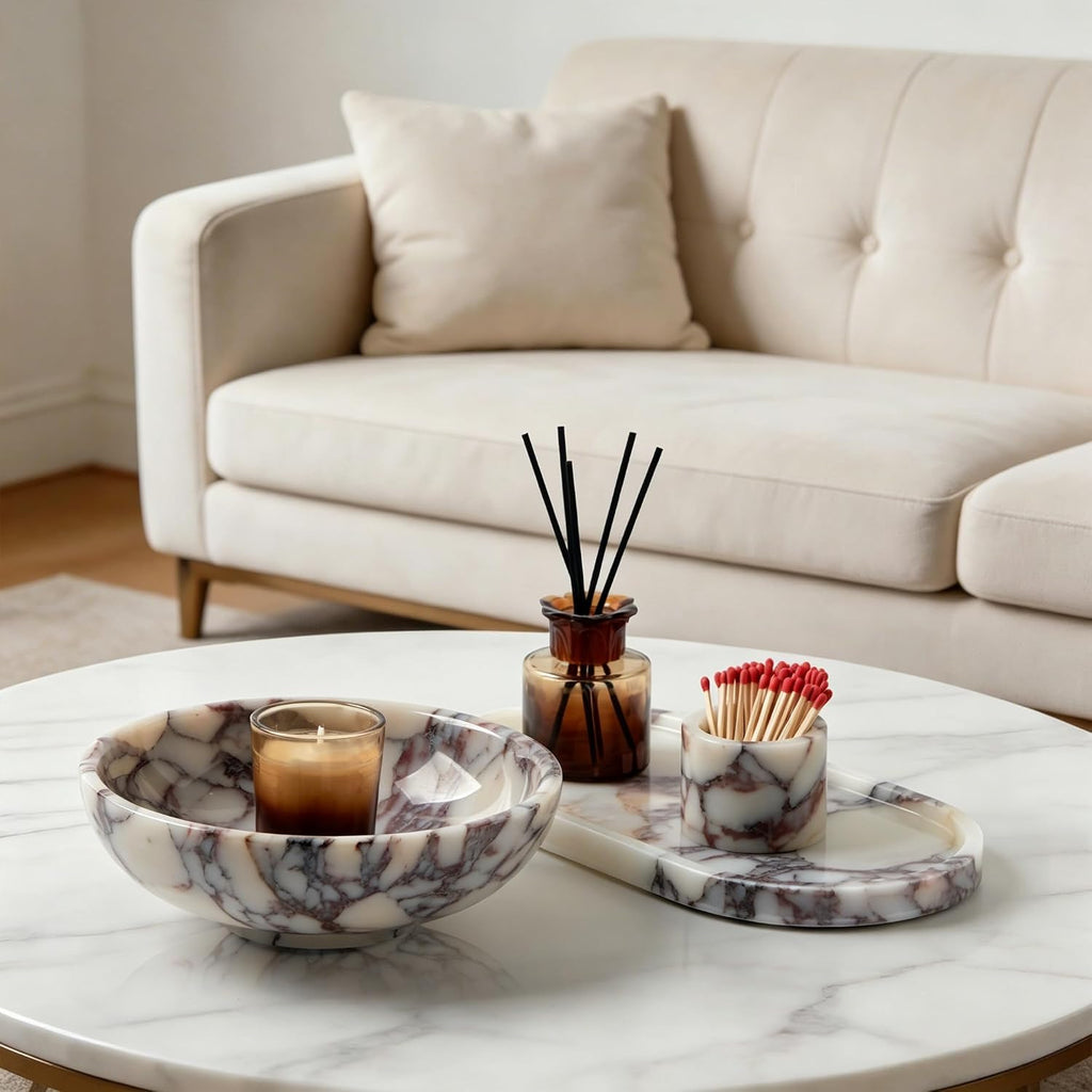 Luxury Natural Marble Fruit Bowl - Large 7.8-Inch Calacatta Viola Marble Counter Fruit Serving Holder, Decorative