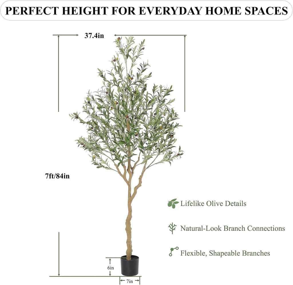 Tall Faux Olive Tree,7ft(84in) Realistic Potted Silk Artificial Indoor with Green Leaves and Big Fruits Living Room