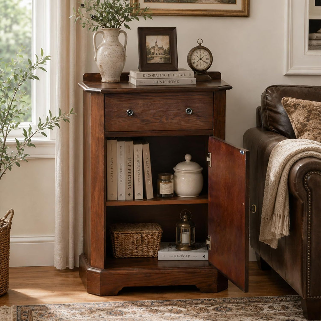 Farmhouse Accent Cabinet with Drawer and Door, Adjustable Shelf and Hidden Storage, Rustic Organizer , Walnut Finish