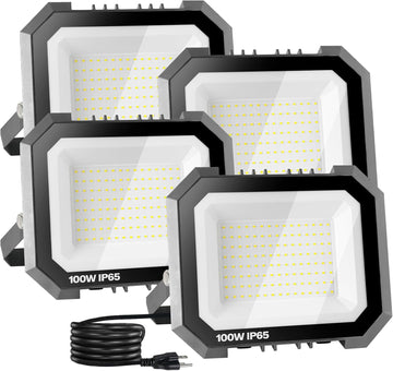 4 Pack LED Flood Lights Outdoor, 100W 10000LM Super Bright Floodlight Outside Work Light with 5.9FT Plug, IP65