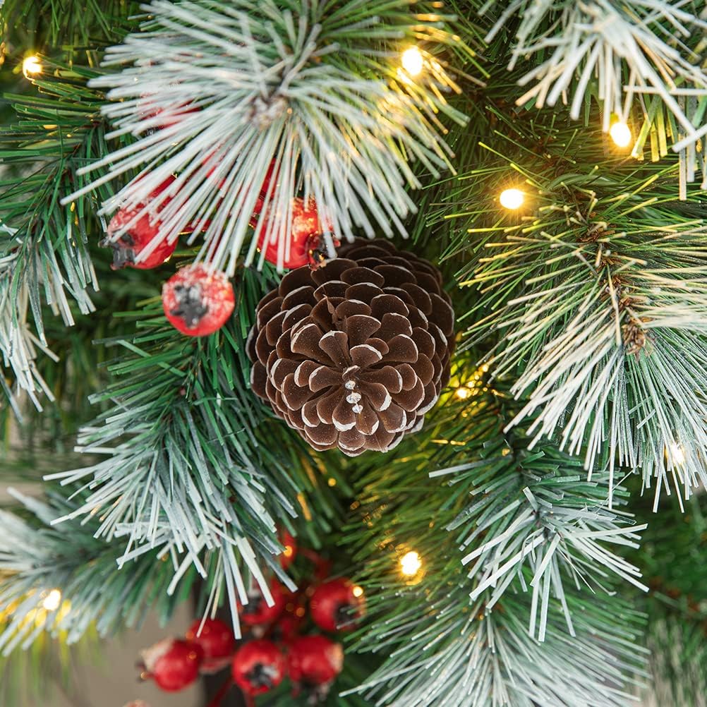 Potted Pre-Lit Artificial Christmas Tree, 4 to 6 ft, Small Porch Christmas Tree with 3D Needles, Pinecones and Red Berries