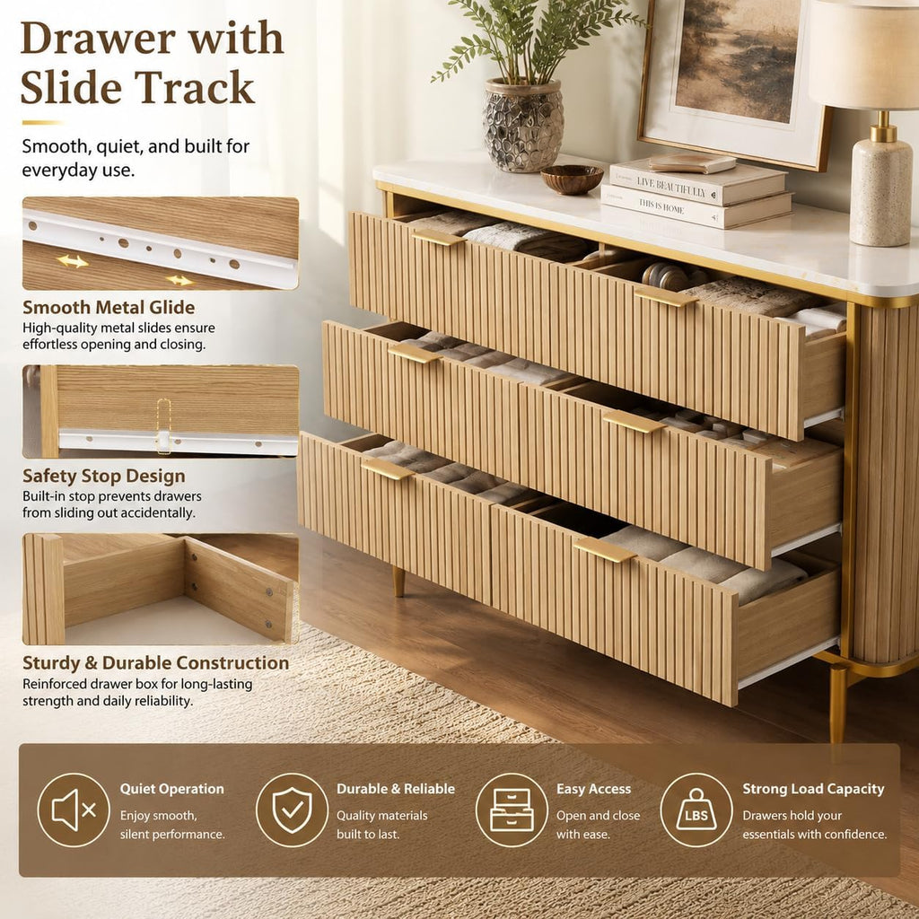 55.1" W 6 Drawer Dresser , Modern Fluted Wood Dresser with Marble-Look Top and Gold Accents, Double Chest of Drawers