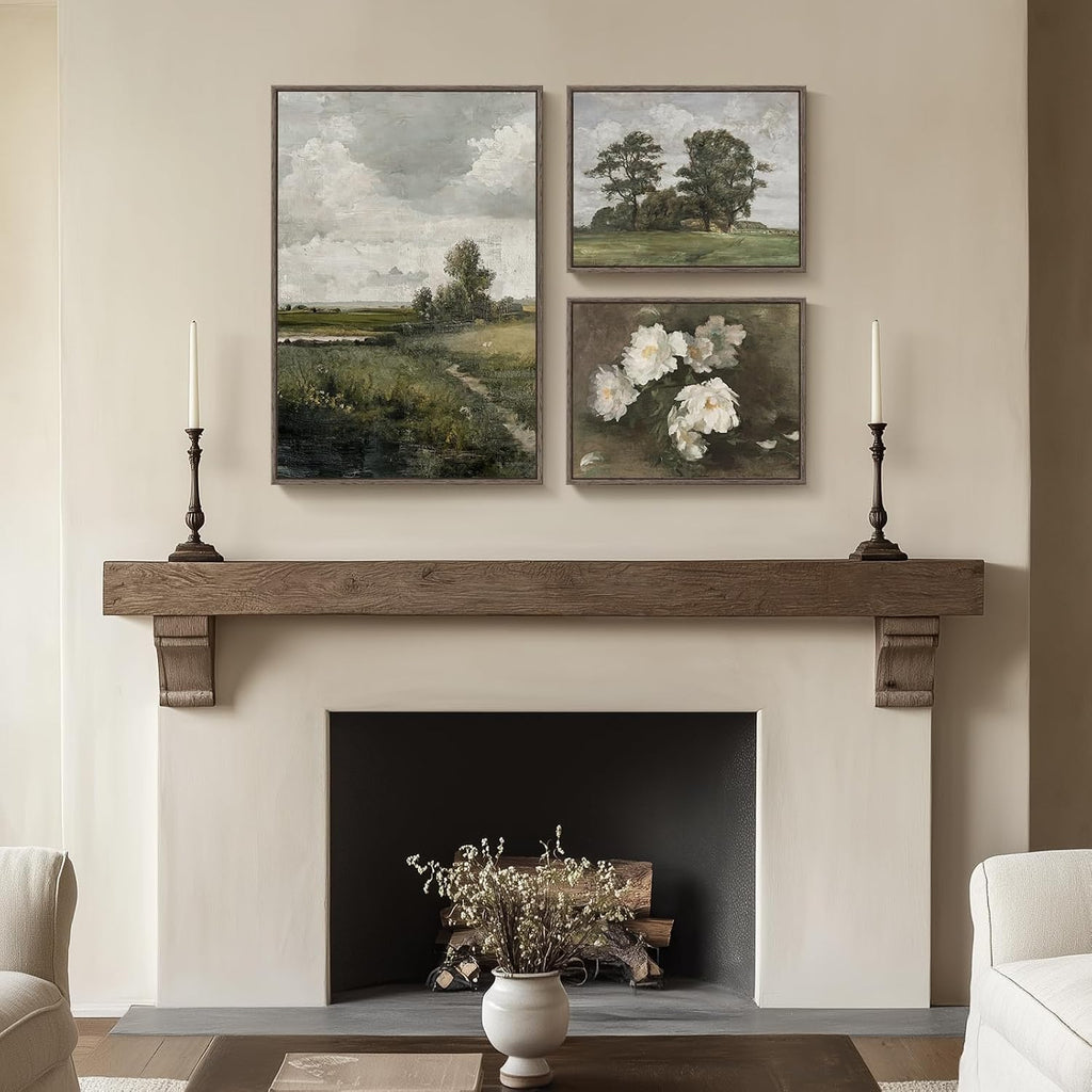 3 Piece Framed Vintage Landscape Canvas Wall Art Set, Large Green Tree and Floral Farmhouse Artwork for Walls, French