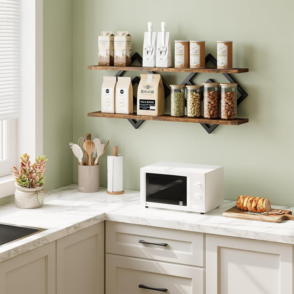Floating Shelves for Wall, Set of 2 Hanging Shelves, Rustic Brown | 2-Tier Wall Mounted Storage Shelves for Decor