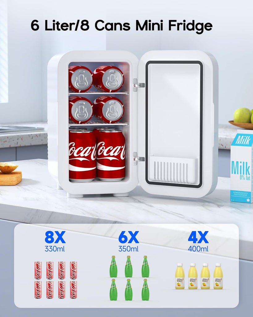 Mini Fridge,6 Liter / 8 Can Small Fridge for Bedroom, Car, Office & Dorm, 110V AC/DC Portable Thermoelectric Cooler &