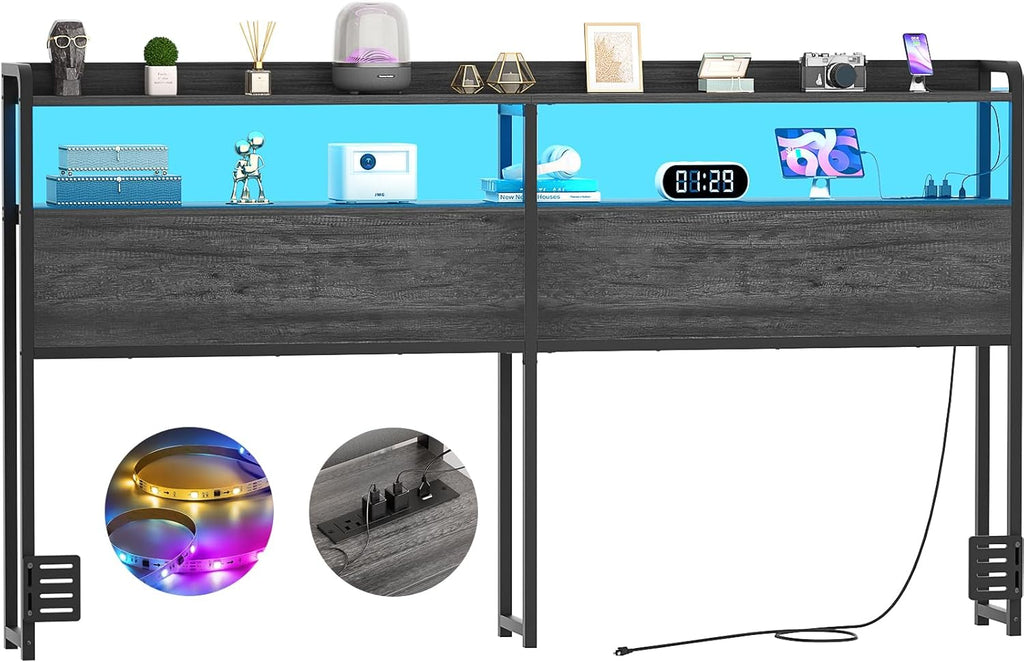 Headboard for King Bed Frame, Headboards with Outlets, USB Ports and LED Light, Head Board with Storage