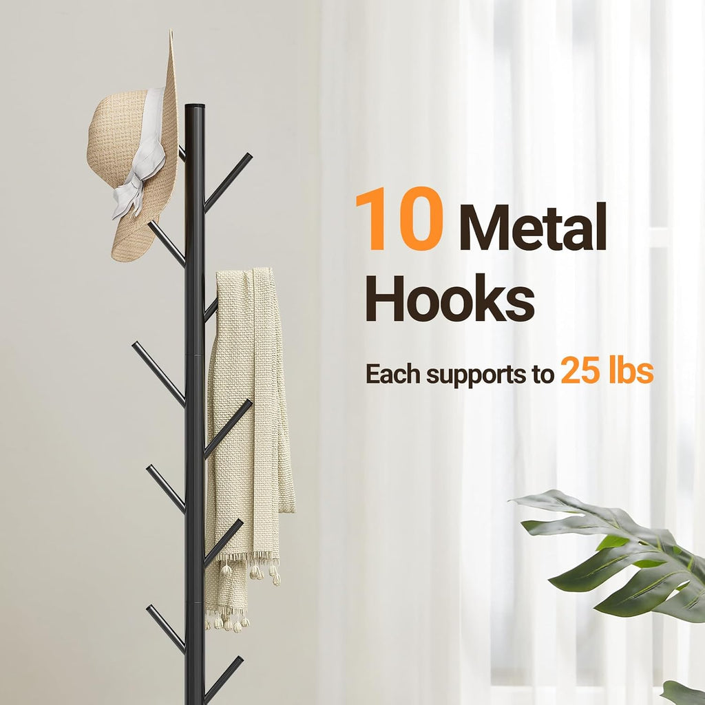 Coat Rack Freestanding, Metal Coat Rack with Natural Marble Base | 10 Hooks, 3 Adjustable Heights, Heavy Duty Coat
