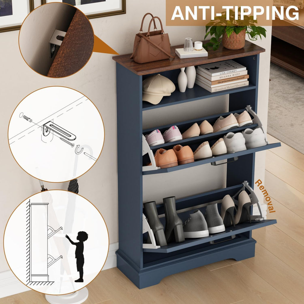 Shoe Storage Cabinet with 2 Flip Drawers, 24" W Farmhouse Modern Hidden Shoes Rack with Adjustable Shelves & Open