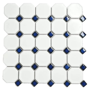 White Octagon Matte Porcelain Mosaic Tile with Blue Dots - 20 Sheets per Case for Floor, Wall, Backsplash, Bathroom