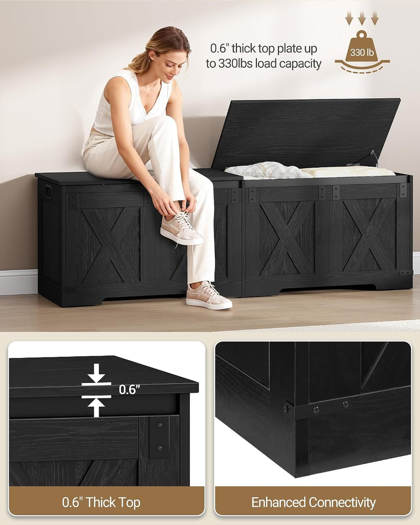 59" Storage Bench, Lift Top, 268L/70 Gal Large Chest | | Rustic Black, Farmhouse, FSC Wood, 330lb, Double Hinges