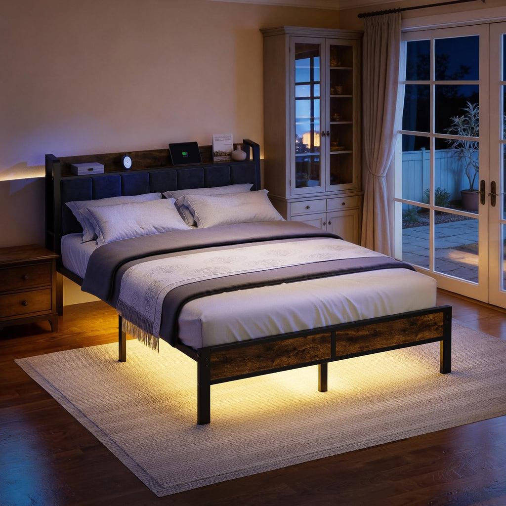 Queen Bed Frame with Wood Headboard, Metal Platform Bed with USB Charging Station and Smart LED Lights, No Box Spring