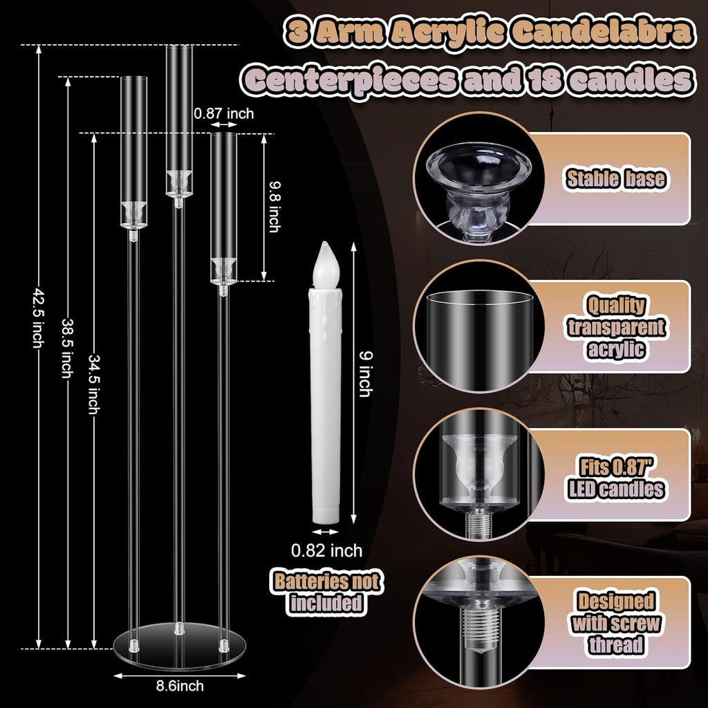 6 Set Acrylic Candelabra Centerpieces 3 Arms with 18 LED Candles 42.5'' Floor Tall Candle Holders with Acrylic Shade