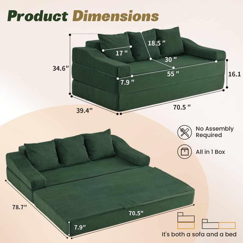 78.7" Folding Convertible Sofa Bed, Boneless Sleeper Sofa Couch with Pillows, 3 Seater Pull Out Futon Couches Bed