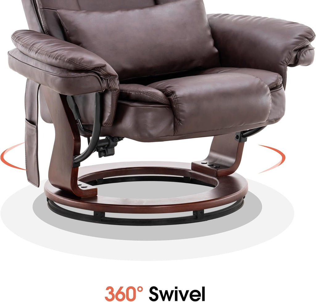 Modern Reclining Swivel Lounge Chair and Ottoman — Brown Faux Leather