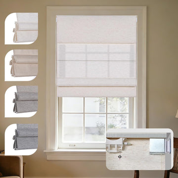 No Tools No Drill Cordless Roman Shades for Indoor Windows, Linen Fabric Light Filtering Roman Blinds, Privacy Window