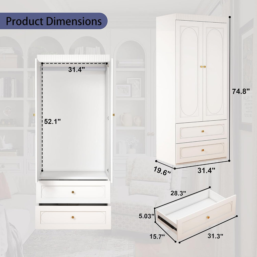 Bedroom Armoire Wardrobe Closet, 75" Tall Wardrobes Closet with 2 Drawers and 2 Doors, Wooden Clothes Cabinets
