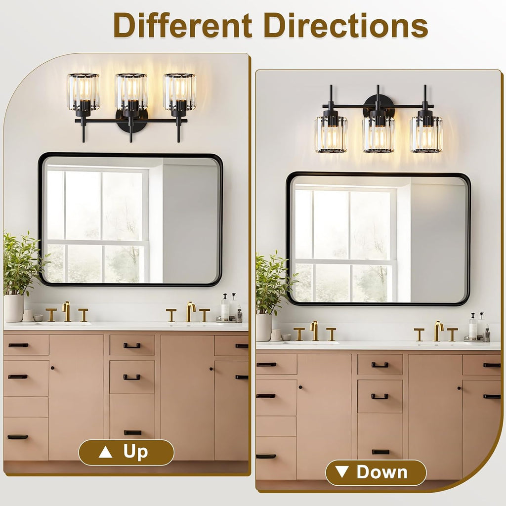 3 Light Black Crystal Vanity Light, Modern Bathroom Vanity Light Over Mirror, Up and Down Mount Wall Sconce Lighting