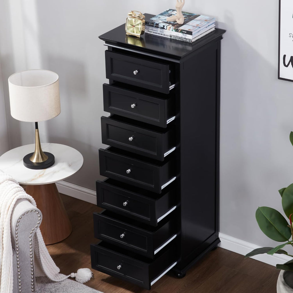 Tall Black Dresser with 7 Drawers, 52" Tall Skinny Dresser | Modern Black Tall Chest of Drawers Dresser,Wooden
