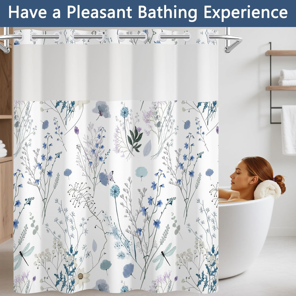 No Hook Watercolor Floral Shower Curtain and Liner Set, Hotel Style Waterproof Fabric Shower Curtain with See Through