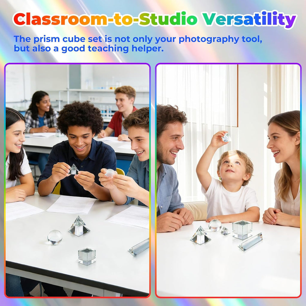 7 Pack K9 Optical Crystal Photography Prism Set, Include 1-4in Triangular Prism, 2in Crystal Glass Prism Cube