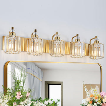 5-Light Modern Vanity Lights Brushed Brass Bathroom Light Fixtures Over Mirror Gold Bathroom Vanity Lighting with