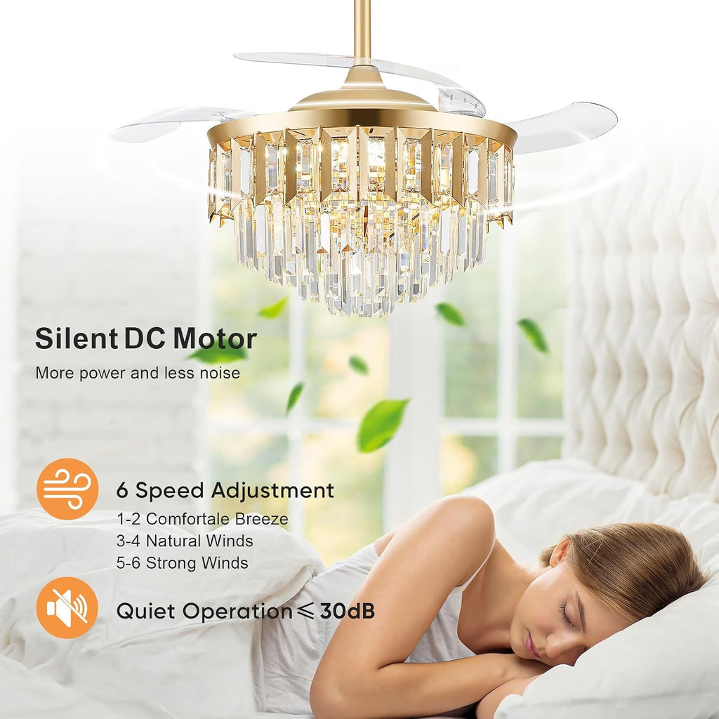 42" Fandelier Ceiling Fan with Light, Crystal Chandelier Fan with Retractable Blades Dimmable Crystal Ceiling Fan