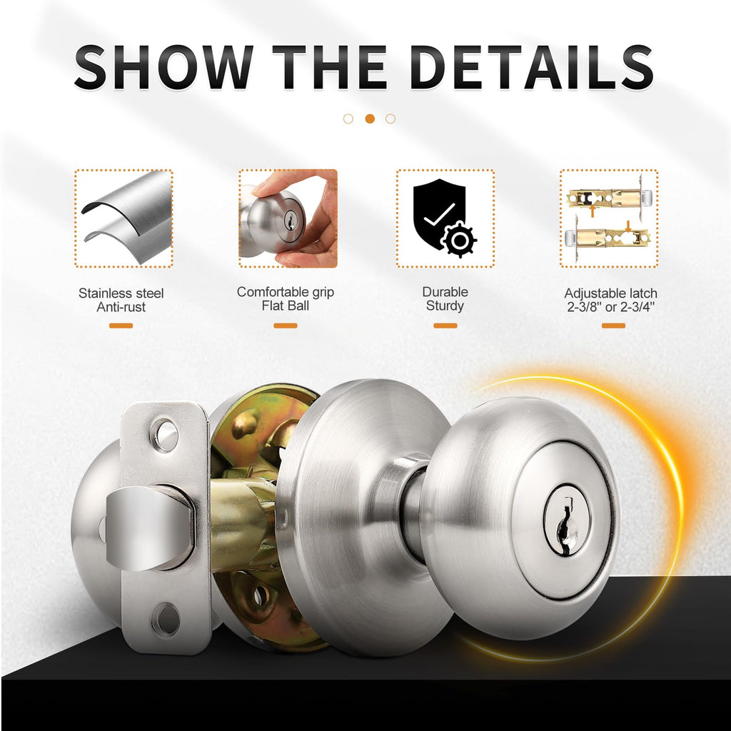 Entry Door Knobs with Lock, Keyed Alike Door Knobs for Interior Exterior Door, Brushed Nickel Modern Entrance Locks