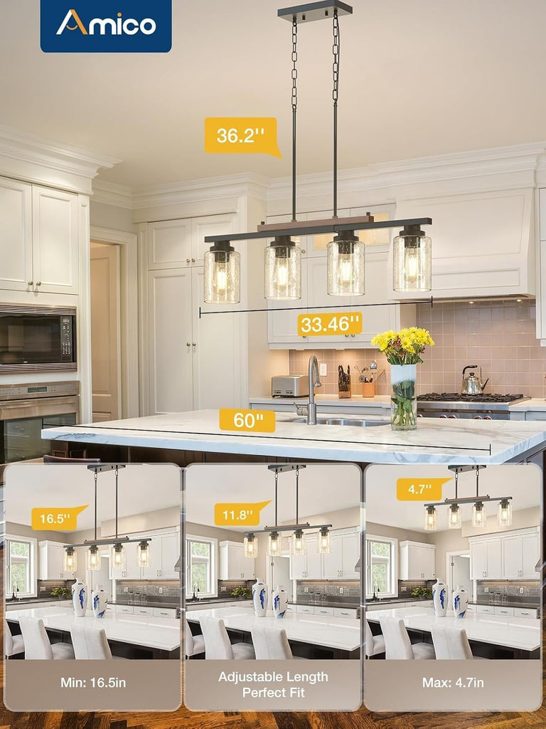 Dining Room Light Fixture 4-Light Kitchen Island Lighting with Adjustable Rods, Farmhouse Decor Black Metal & Wood