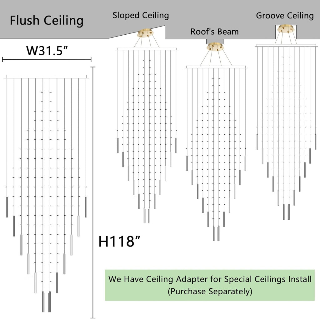 W32 x H120 Glam Chandelier with LED Bulbs Square Chandeliers, Crystal Raindrop High Ceiling Pendant Light for Entrance Large Villa Foyer Lighting Fixtures Gold