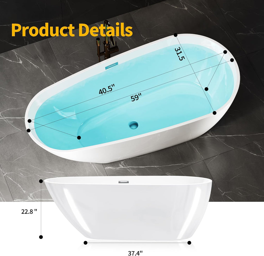 67" Premium Lucite Freestanding Bathtub, Deep Soaking Upright Tub with Matte Drain & Black Water Bypass