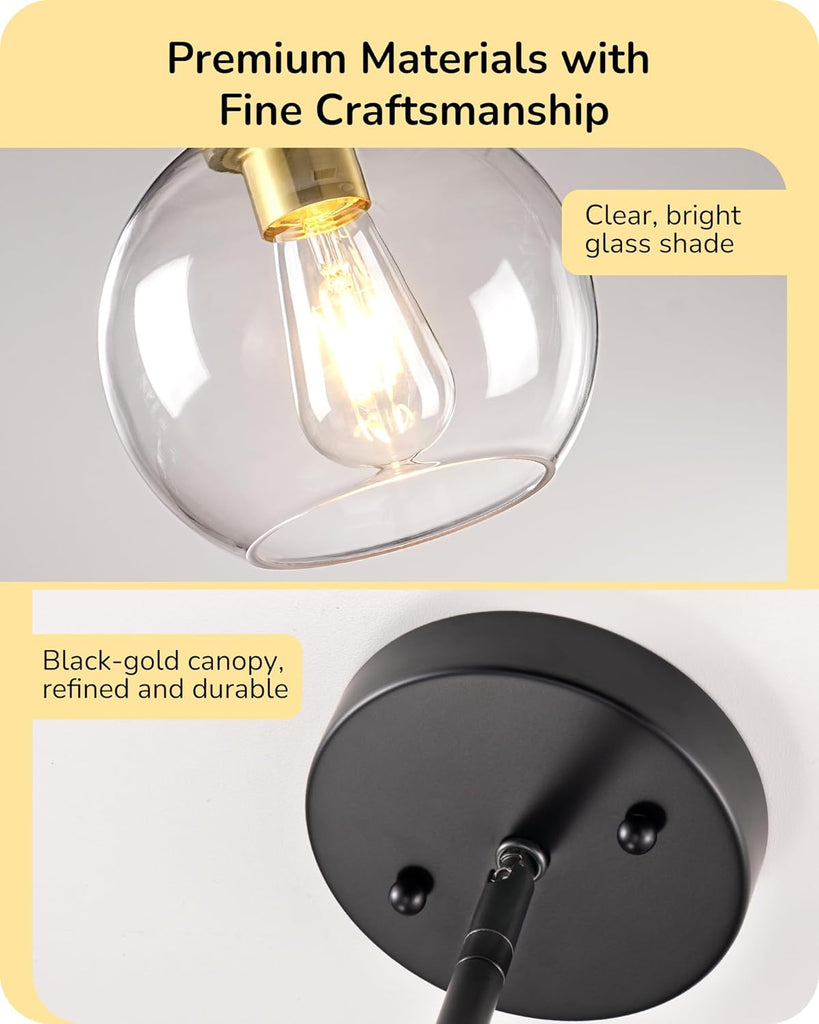 Mid Century Kitchen Pendant Lighting Over Island 2 Pack, Clear Glass Globe Shade, Hardwired Black and Gold Adjustable