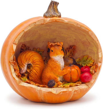 Fall Decor Squirrel Figurine in Pumpkin, Autumn Harvest Resin