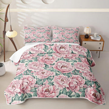 Pink Peonies Quilt Set Vintage Flowers Bedspread Garden Leaves Floral Coverlet for All Season Farmhouse