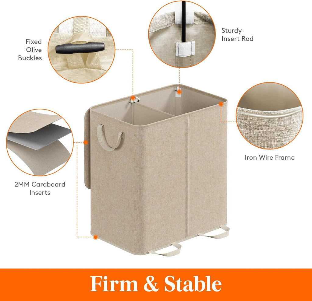 Double Laundry Hamper with Lid and Removable Laundry Bags, Large Collapsible 2 Dividers Dirty Clothes Basket with