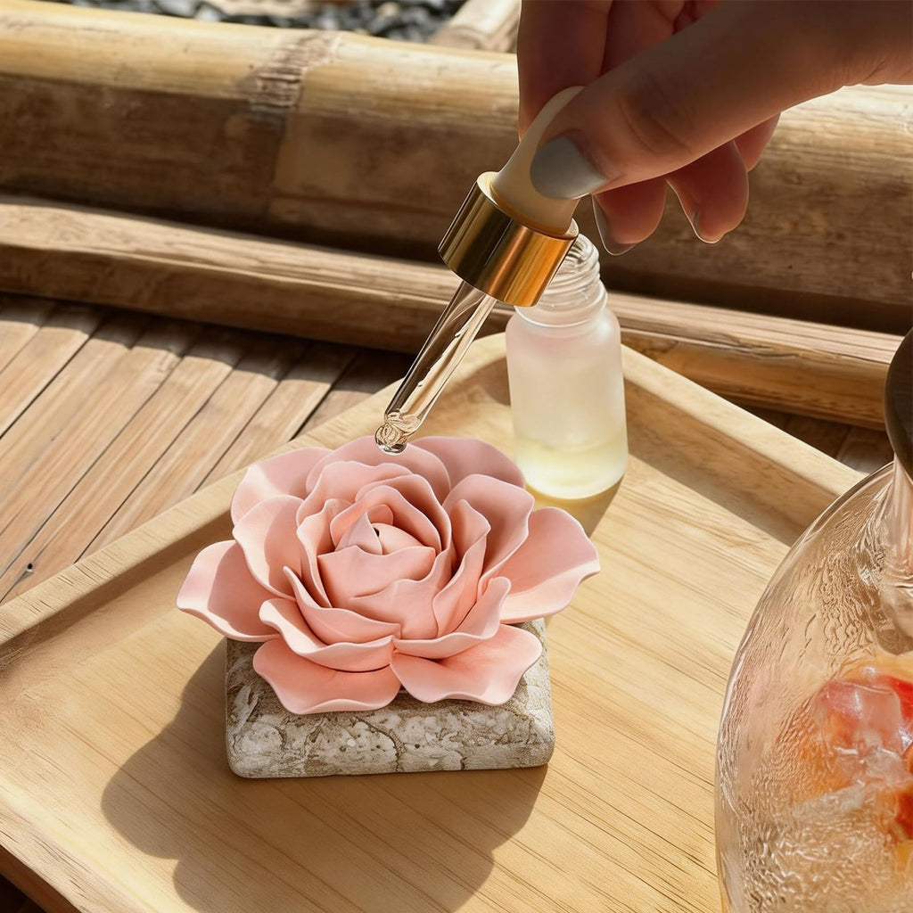 Ceramic Passive Essential Oil Diffuser, Aesthetic Desktop Handmade Flower & Concrete Base, Porcelain Aromatherapy