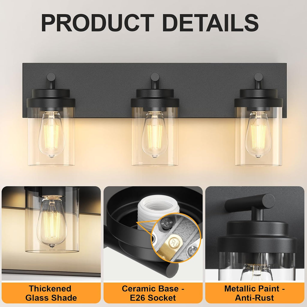 Bathroom Vanity Light Fixture, 3-Light 22 Inch Matte Black Bathroom Light Fixtures Over Mirror, with Clear Glass