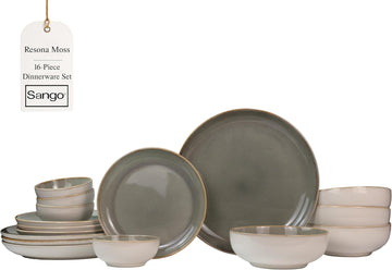 16-Piece Stoneware Dinnerware Set for 4, Glossy Cream/Green Big Dinner Plates and Bowls Sets with Reactive Glaze
