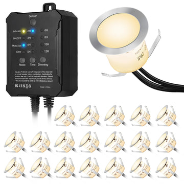 20 Pack Dimmable Recessed Deck Stair Lighting All-in-one with Timer Photocell Sensor Transformer Low Voltage LED Step