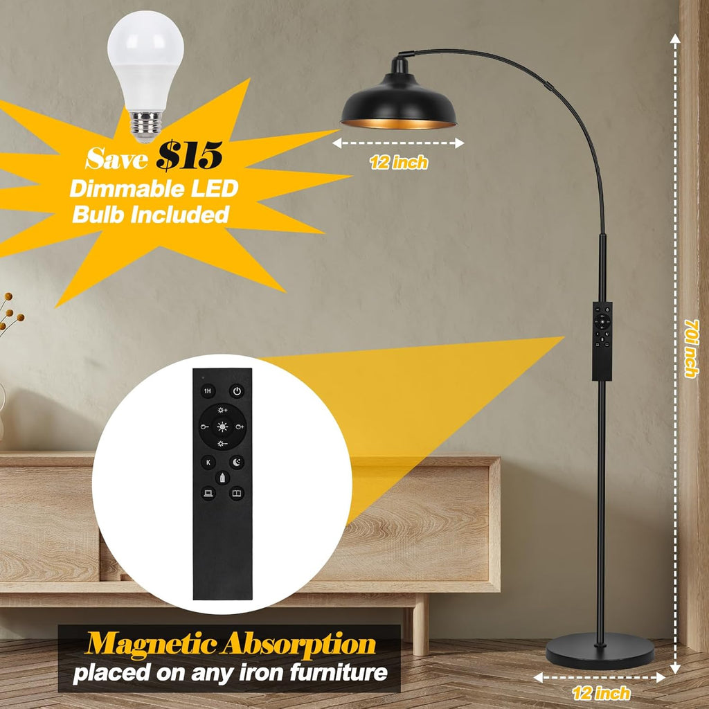 Arch Floor Lamps with Remote - Dimmable Floor Lamp 70”, Black Tall Lamp with 360° Adjustable Hanging Metal Shade
