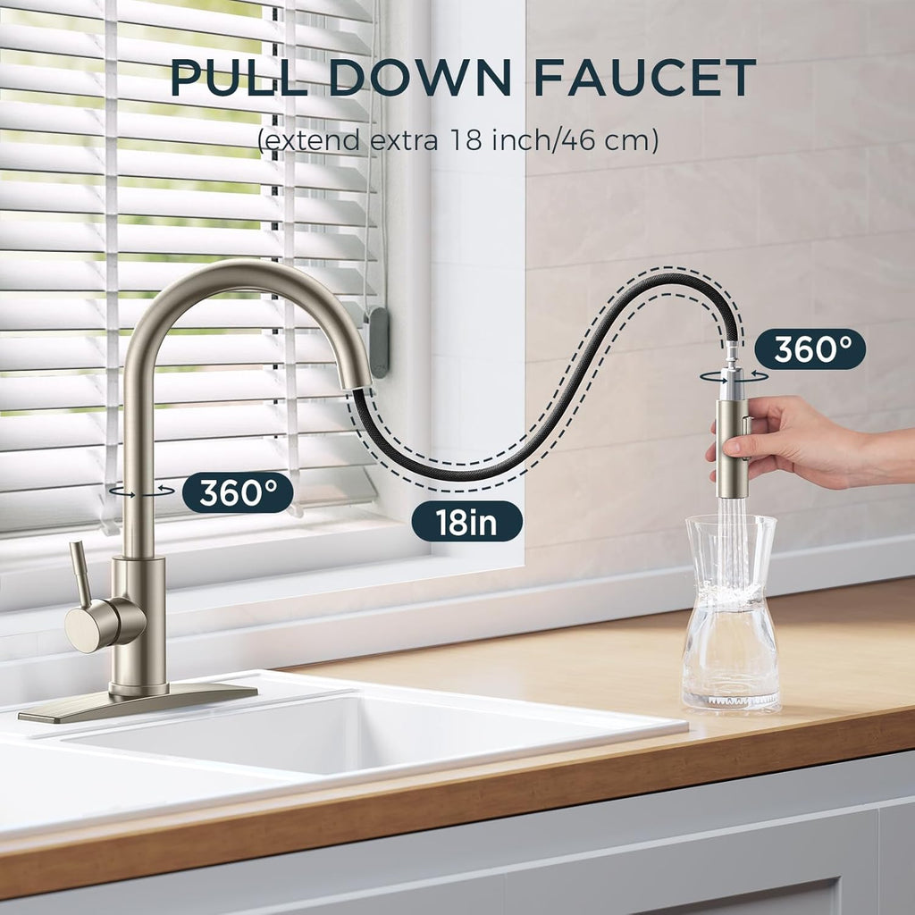 Kitchen Faucet with Pull Down Sprayer, Brushed Nickel High Arc Modern Classic Sink Faucet Stainless Steel with Deck