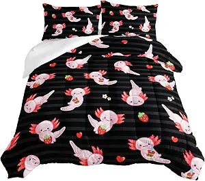 Kids Black Comforter Sets 3 Pieces,Cartoon Axolotl Bedding Sea Wildlife Cute Animals Theme Room Decor,Kawaii Bedding - Set of 3