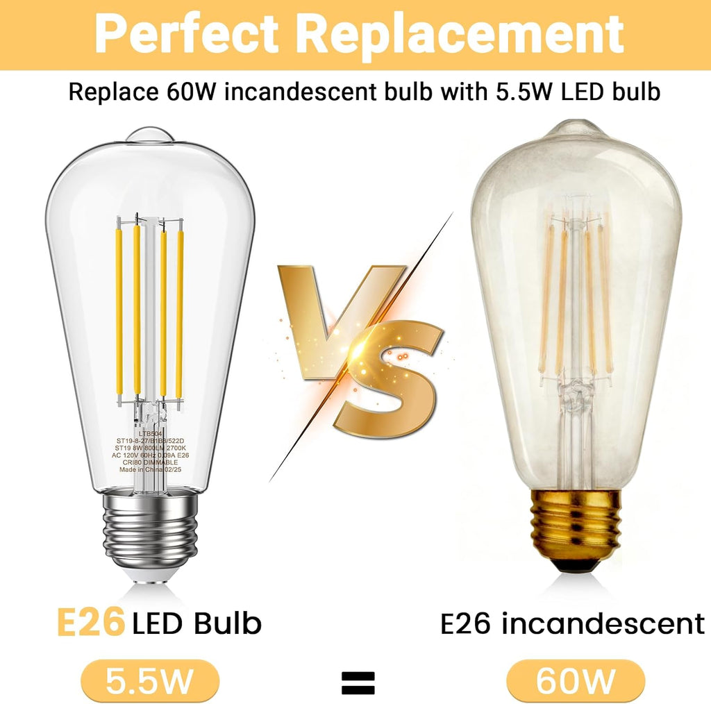 Edison Light Bulbs 5.5W, 60W Equivalent Dimmable Vintage LED Light Bulbs, 500LM E26 Medium Base Soft White 2700K LED (12 Pack)
