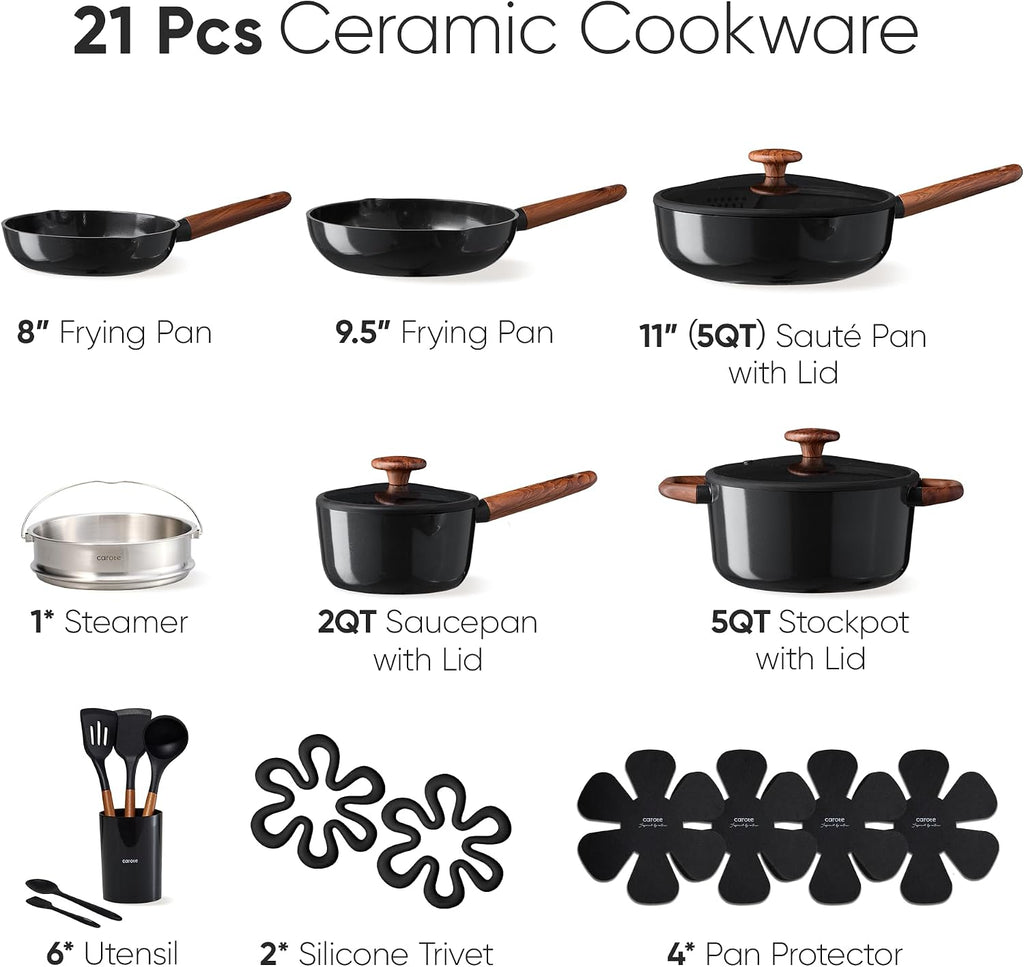 21pcs Ceramic Cookware Set, Pots and Pans Set | Non-Toxic Healthy Cooking Set with Silicone Lids, Dishwasher Safe