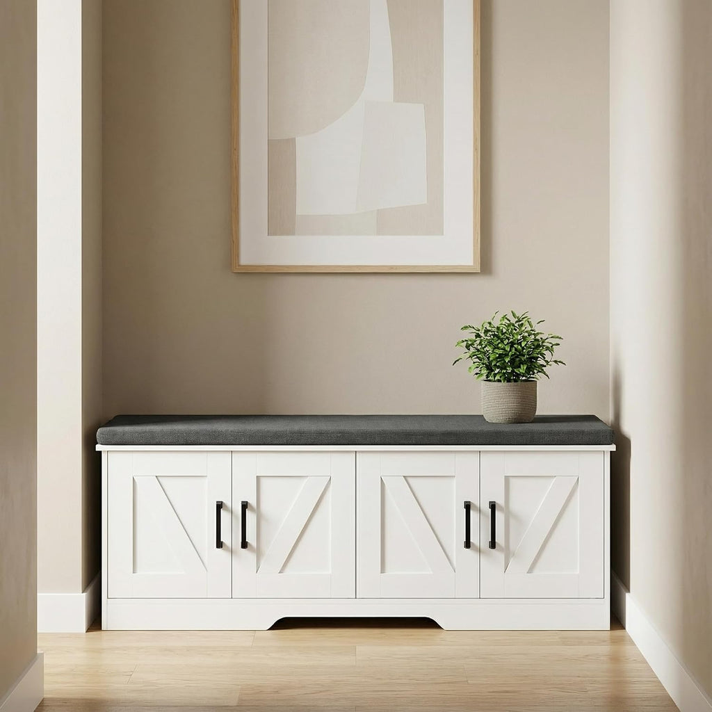 Farmhouse Shoe Storage Bench with 4 Barn Doors & Padded Seat Cushion | 47.2" Wide Entryway Bench with Adjustable
