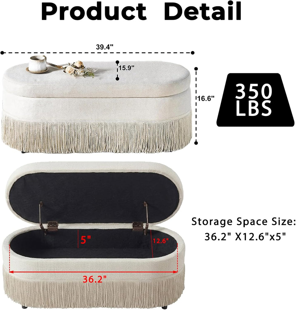 39.4" Boho Storage Ottoman Bench with Tassels,Upholstered End of Bed Bench | Linen Oval Ottoman with Storage