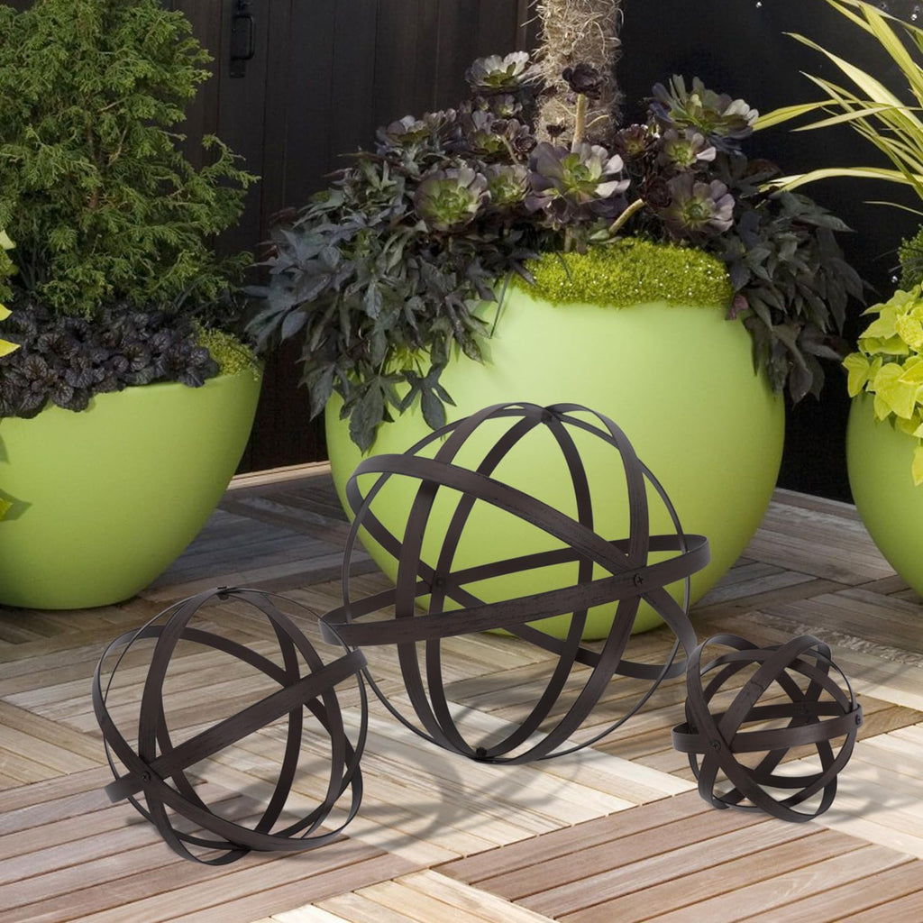 3 PCS Garden Spheres Balls Assorted Size Distressed Metal Band Decorative Sphere Folding Orbs Sculpture for Outdoor