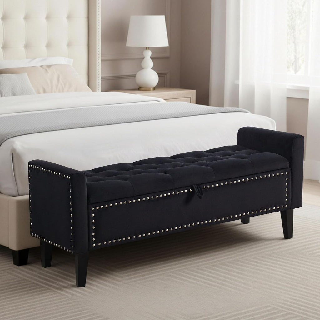 47in Velvet Storage Ottoman Bench with Arms, Upholstered Storage Bench with Wooden Legs, Storage Bench , Black