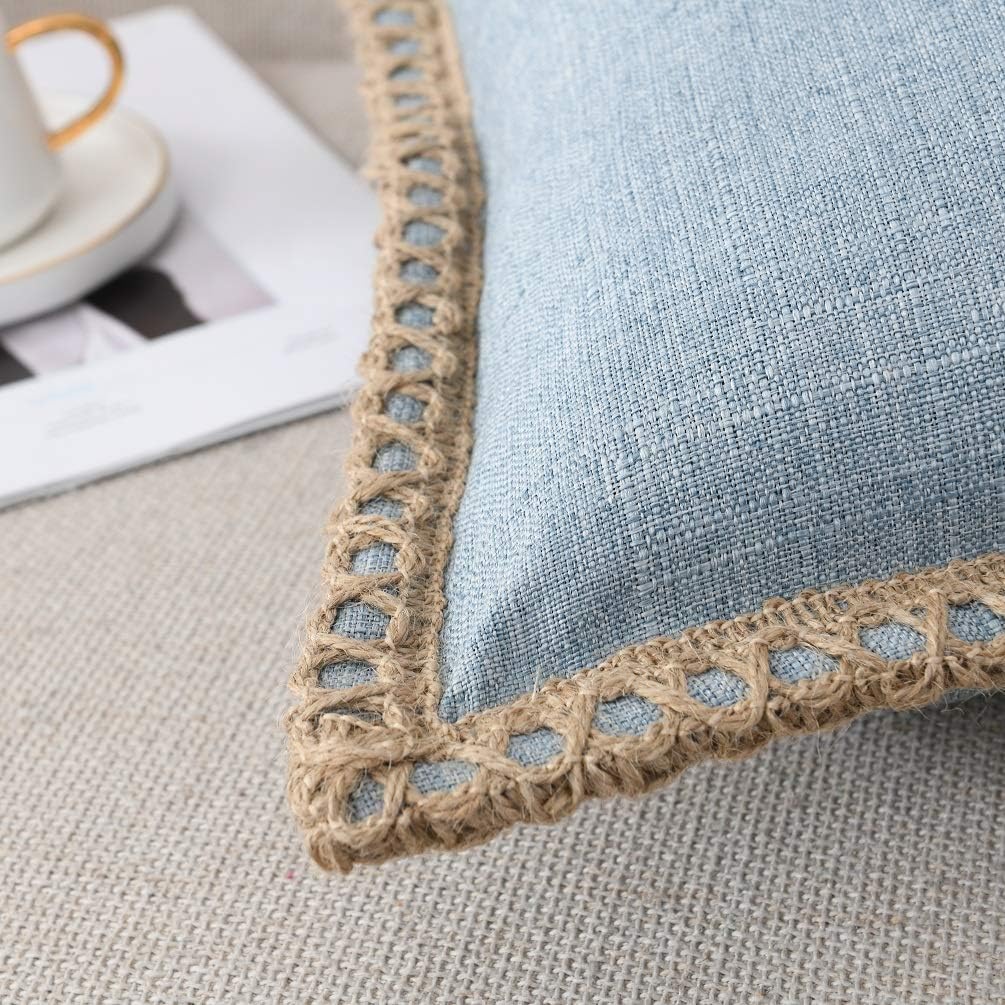 Set of 2 Farmhouse Throw Pillow Covers - Burlap Linen Trimmed Tailored Edges Decorative Cushion Covers, 18 x 18, Blue