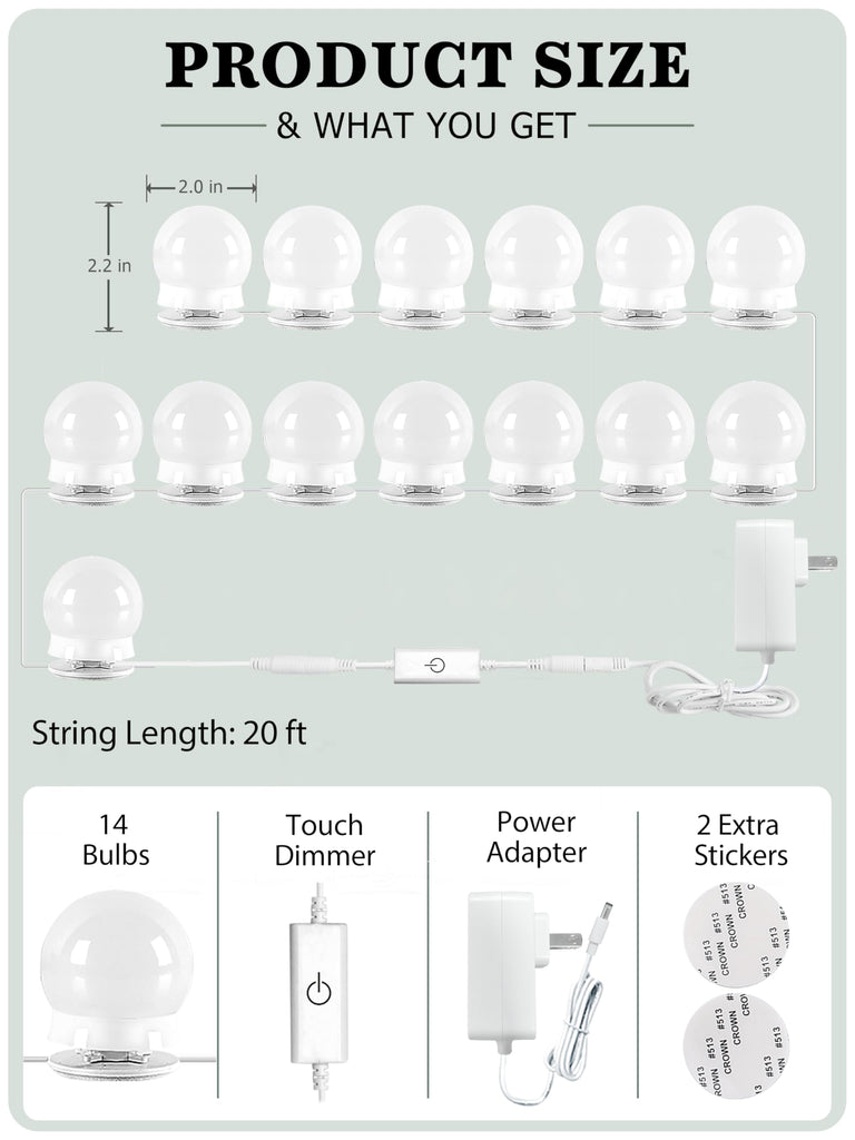 14 Bulb Vanity Lights for Mirror, Plug-in Power Adapter & Touch Dimmer, 6, 000K, 1350 Lumens (Mirror Not Included)